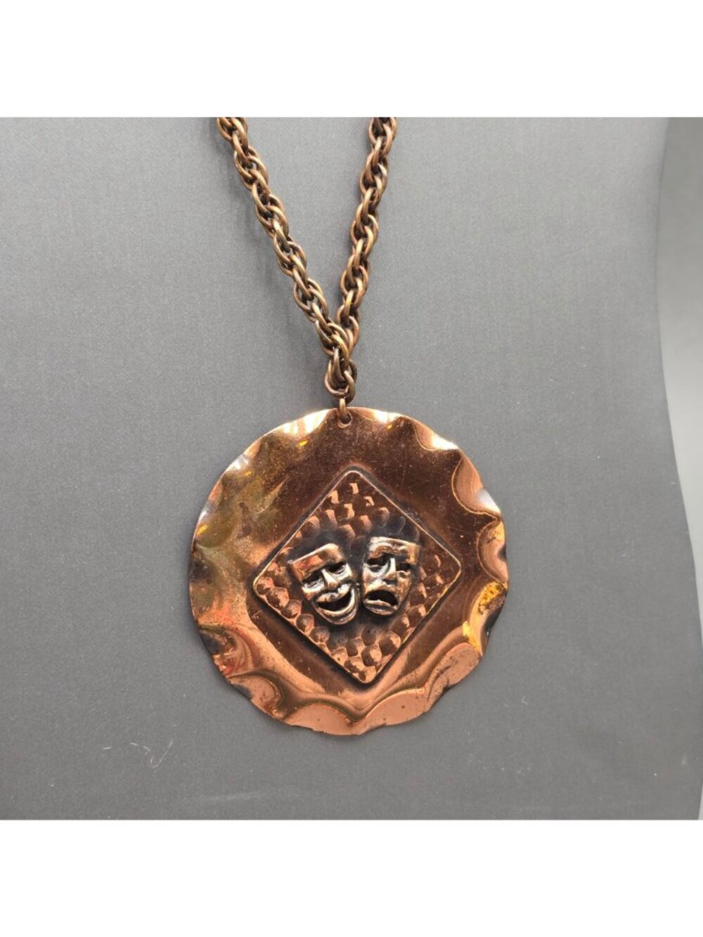Vintage Copper Theater Comedy Tragedy Mask Jewelry Set Necklace Cufflinks Drama - Picture 3 of 15